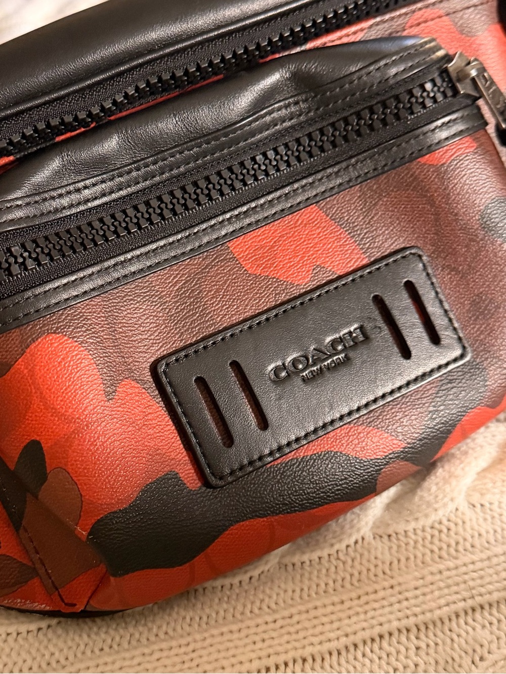 Coach Men’s Red & Black Camo Leather Belt Bag